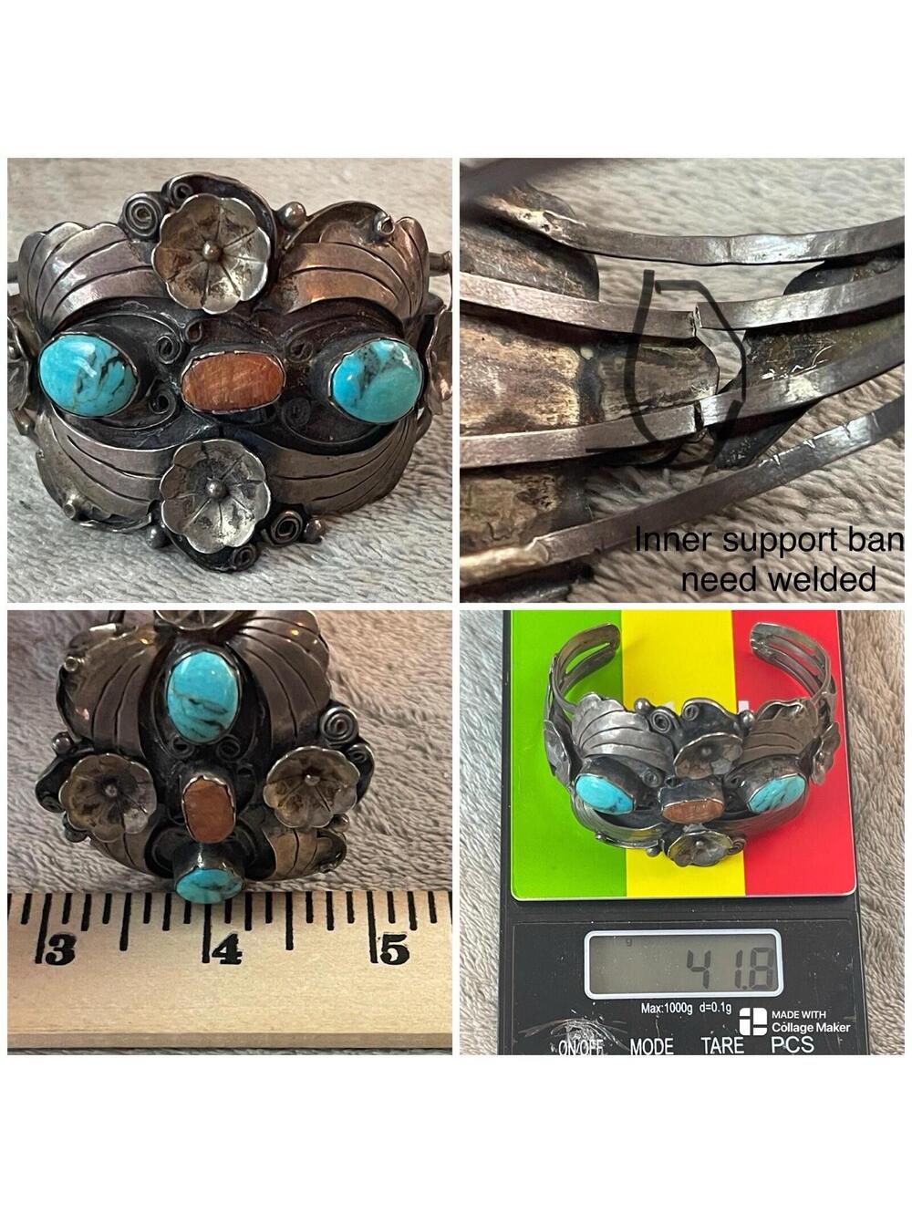 Native American Sterling Silver Turquoise Coral Cuff  Bracelet ! Signed ! Repair